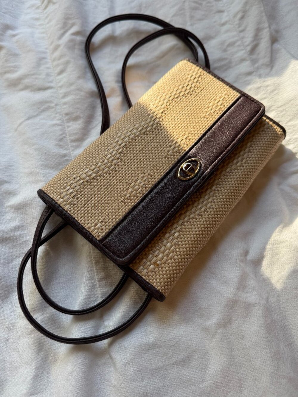 Vintage Etienne Aigner Woven Straw & Brown Leather Shoulder Bag Clutch 90s Y2K
